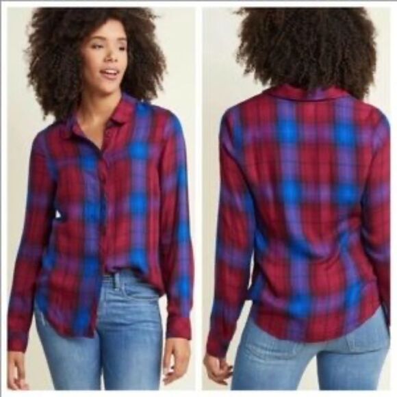 Modcloth Plaid Button Down Long Sleeve Round Collar Shirt XS - Picture 2 of 4